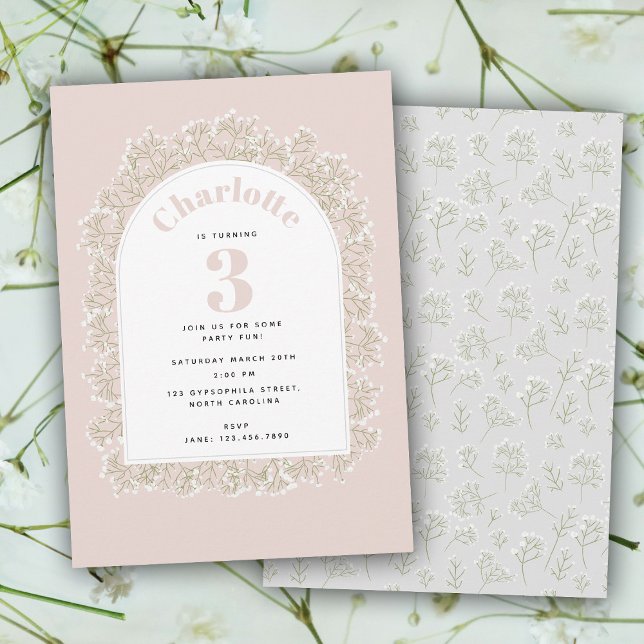 Baby's Breath Girl Pink Gypsophila Kids Birthday Invitation (Baby's Breath Girl Pink Gypsophila Kids Birthday Invitation)