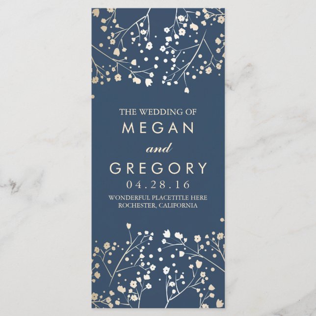 Baby's Breath Gold and Navy Wedding Programs (Front)