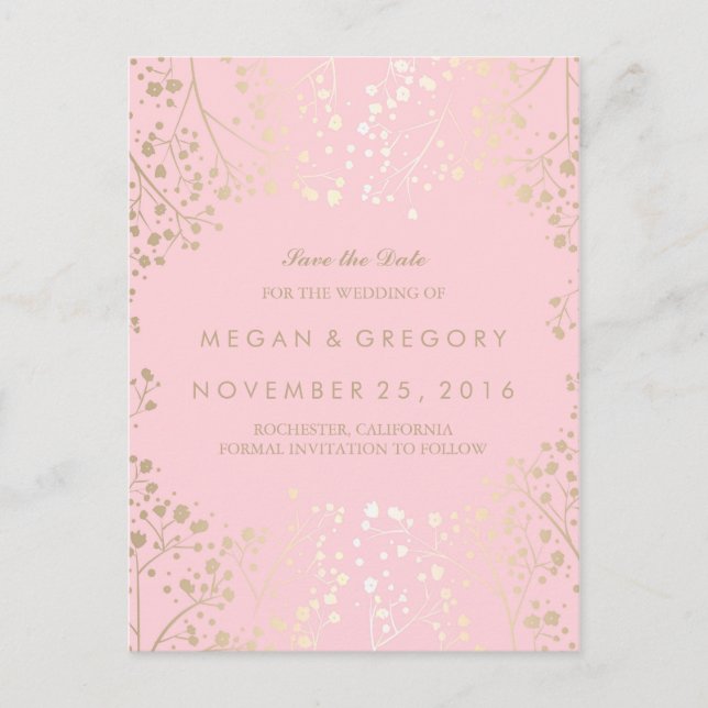 baby's breath gold and pink save the date announcement postcard (Front)