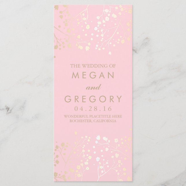 Baby's Breath Gold and Pink Wedding Programs (Front)