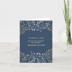 Baby's Breath Gold Foil Navy Wedding Thank You Card