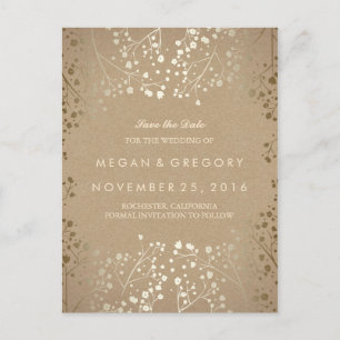 baby's breath gold kraft save the date announcement postcard