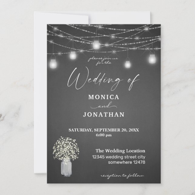 Baby's Breath Grey Chalkboard & String Lights Invitation (Front)