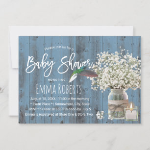 Baby's Breath & Hummingbird Dusty Blue Baby Shower Invitation