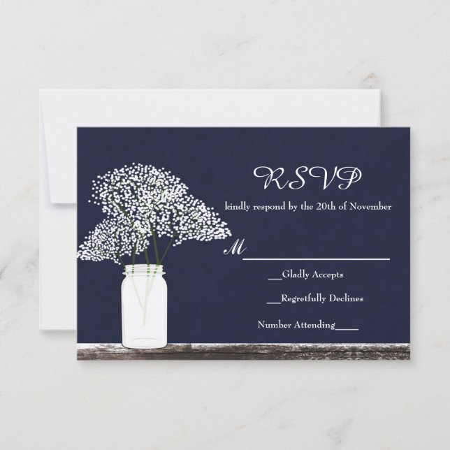 Baby's Breath in Mason Jar Rustic RSVP Card (Front)