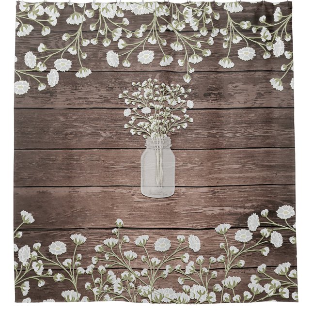 Baby's Breath in Mason Jar Rustic Wood Shower Curtain (Front)