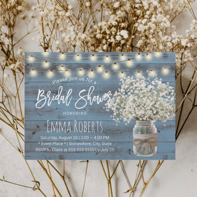Baby's Breath Jar Dusty Blue Wood Bridal Shower Invitation (Creator Uploaded)