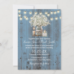 Baby's Breath Jar Rustic Dusty Blue Barn Wedding Invitation
