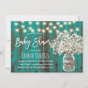 Baby's Breath Jar Rustic Teal Wood Baby Shower Invitation