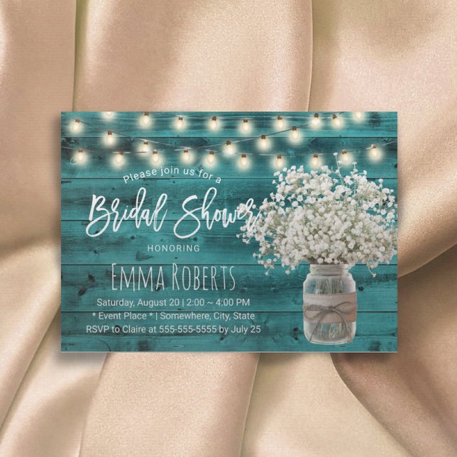 Baby's Breath Jar Teal Barn Wood Bridal Shower Invitation (Creator Uploaded)