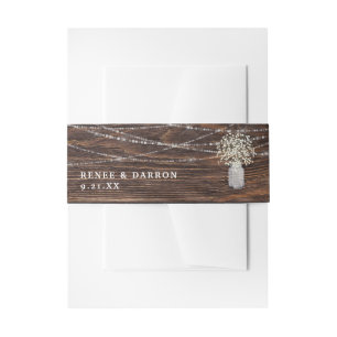 Baby's Breath, Jar, Wood & String Lights Floral Invitation Belly Band