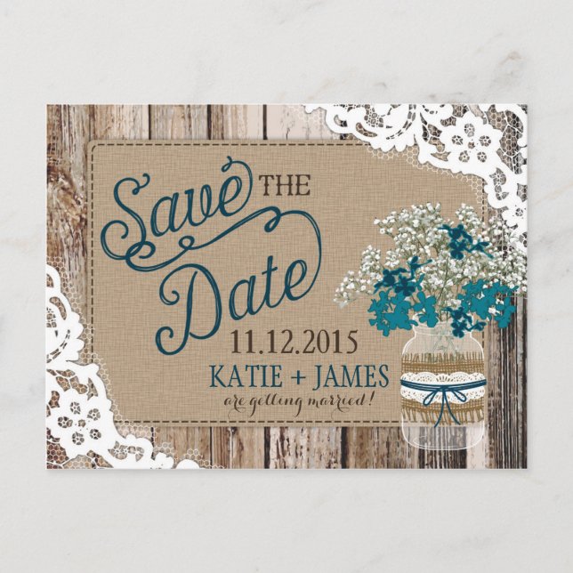 Baby's Breath Lace Rustic Wood Save the Date Announcement Postcard (Front)