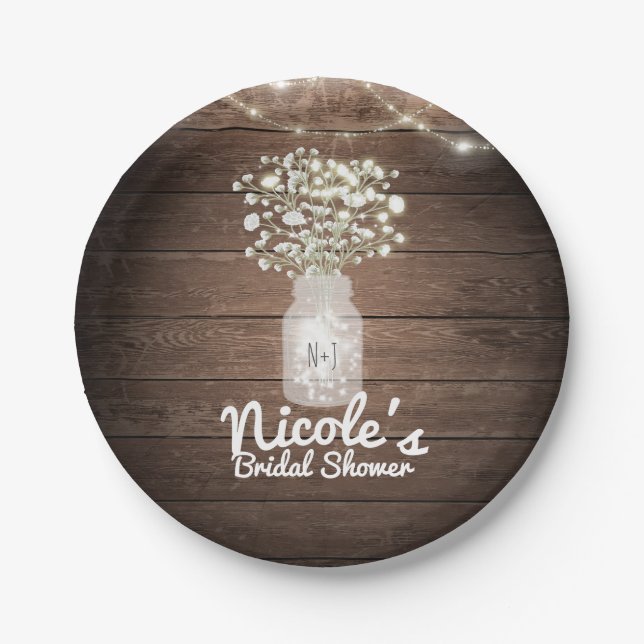 Baby's Breath & Lights Rustic Wedding Reception Paper Plate (Front)