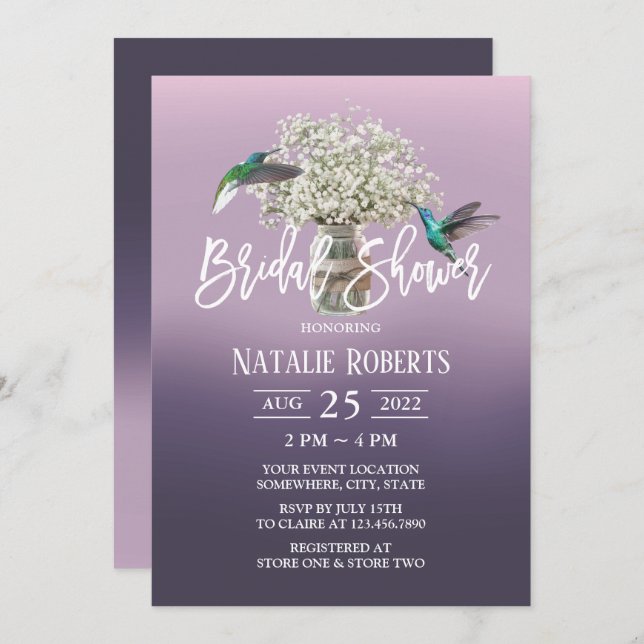 Baby's Breath & Love Birds Purple Bridal Shower Invitation (Front/Back)