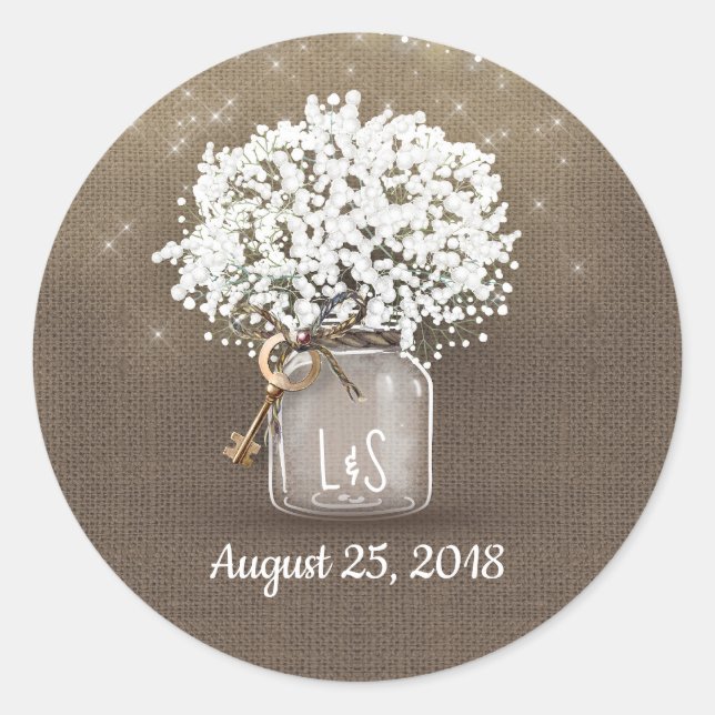 Baby's Breath Mason Jar and Rustic Burlap Classic Round Sticker (Front)
