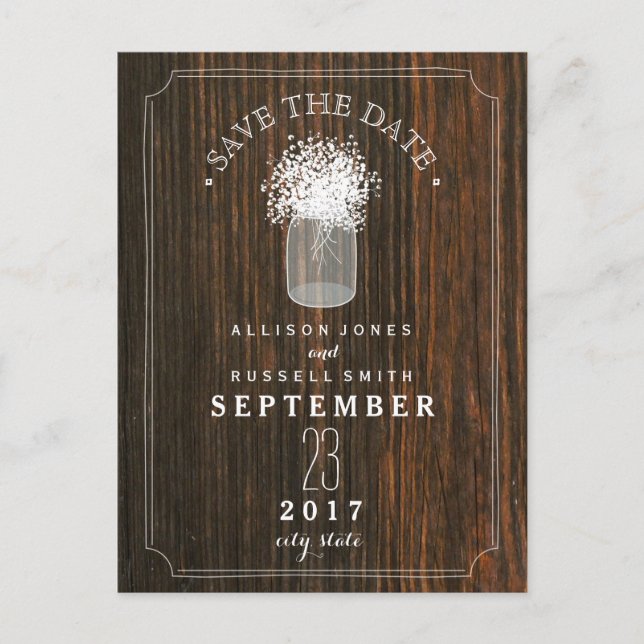 Baby's Breath Mason Jar Barn Wood Save The Date Announcement Postcard (Front)