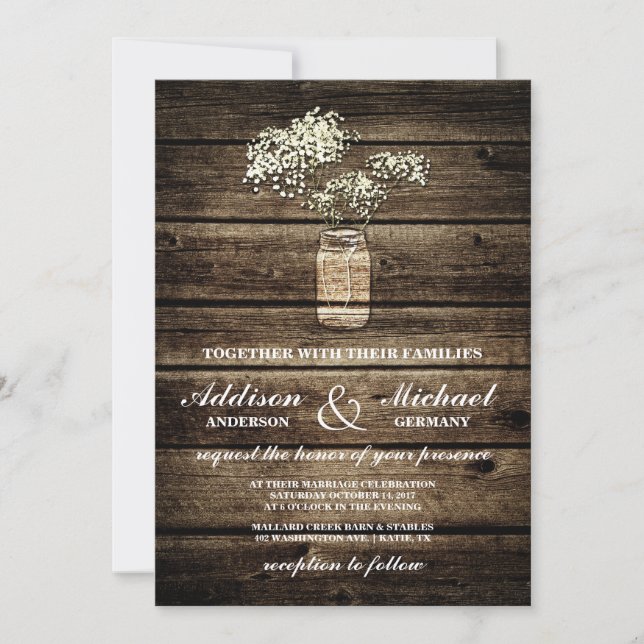Baby's Breath Mason Jar | Barn Wood Wedding Invitation (Front)