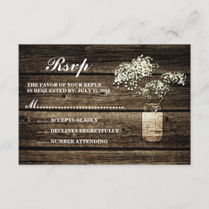 Baby's Breath Mason Jar   Barn Wood Wedding RSVP Card