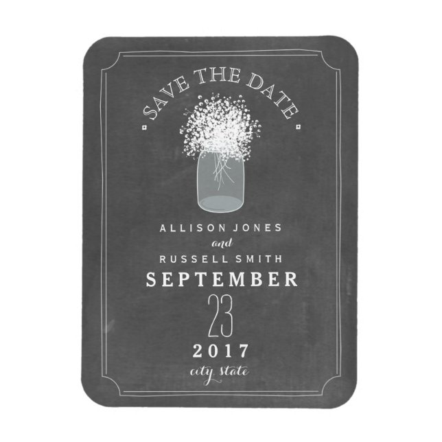 Baby's Breath Mason Jar Chalkboard Save The Date Magnet (Vertical)