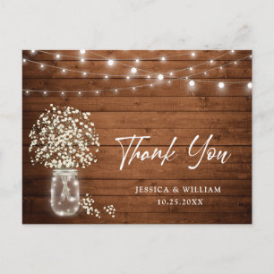 Baby's Breath Mason Jar Lights Rustic Thank You Postcard