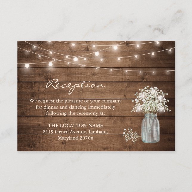 Baby's Breath Mason Jar Lights Wedding Reception Enclosure Card (Front)