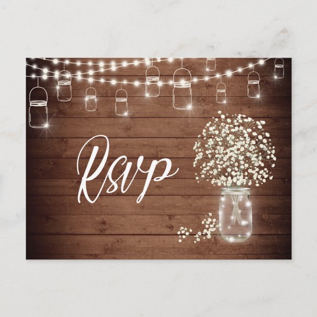 Baby's Breath Mason Jar RSVP Card with Meal Choice (Front)