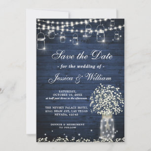 Baby's Breath Mason Jar Rustic Blue Wood Wedding Invitation