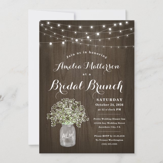 Babys Breath Mason Jar Rustic Bridal Brunch Shower Invitation (Front)