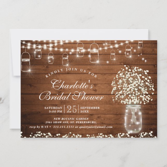 Baby's Breath Mason Jar Rustic Bridal Shower Invitation (Front)