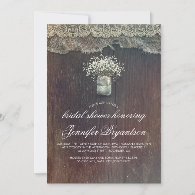 Baby's Breath Mason Jar Rustic Bridal Shower Invitation (Front)