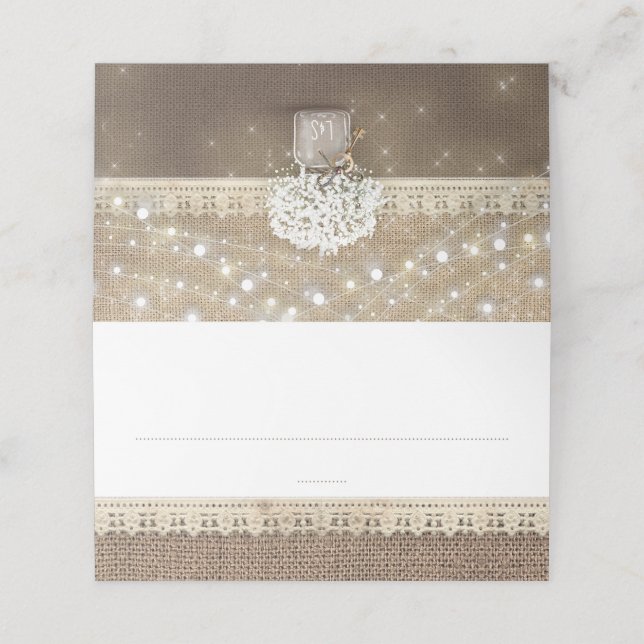 Baby's Breath Mason Jar Rustic Burlap Lace Place Card (Outside Unfolded)