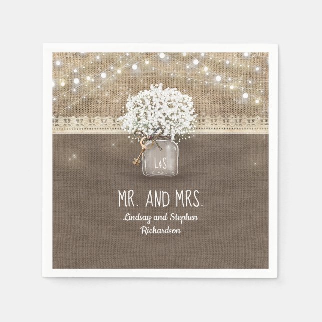 Baby's Breath Mason Jar Rustic Burlap Wedding Napkin (Front)