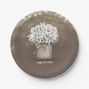 Baby's Breath Mason Jar Rustic Burlap Wedding Paper Plate