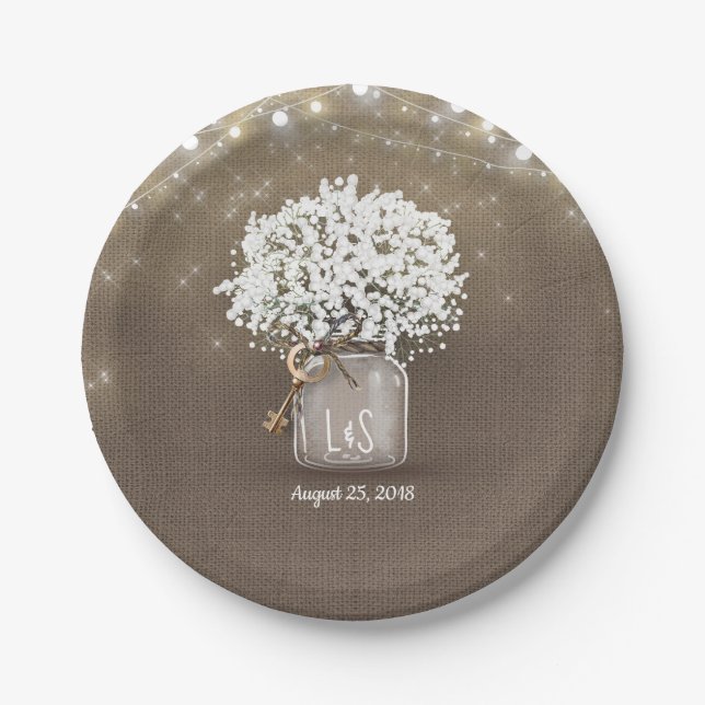 Baby's Breath Mason Jar Rustic Burlap Wedding Paper Plate (Front)