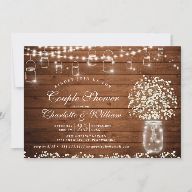 Baby's Breath Mason Jar Rustic Couple Shower Invitation (Front)