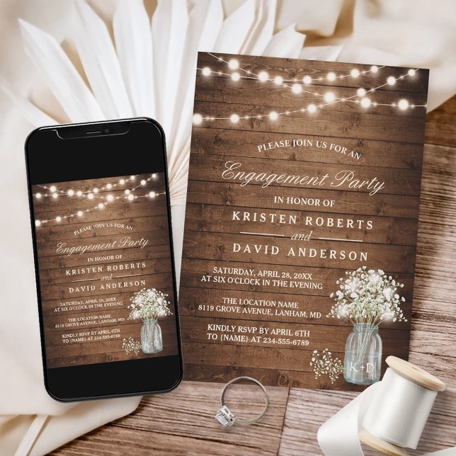 Baby's Breath Mason Jar Rustic Engagement Party Invitation (Creator Uploaded)