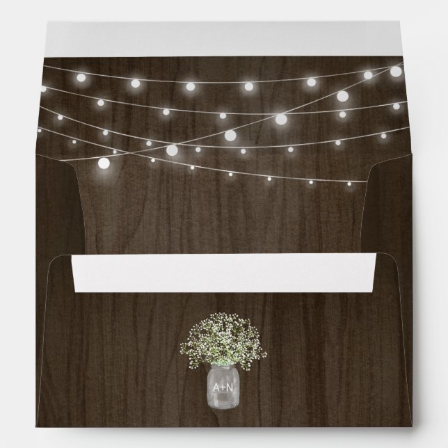 Babys Breath Mason Jar Rustic Fairy Lights Wedding Envelope (Back (Bottom))