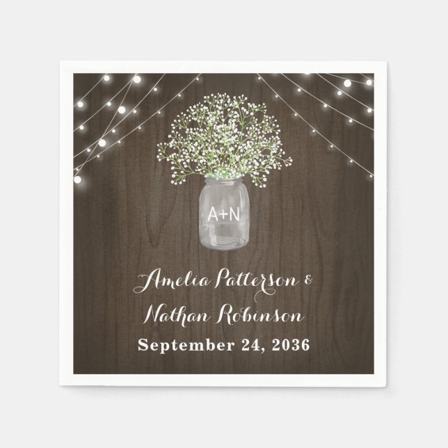 Babys Breath Mason Jar Rustic Fairy Lights Wedding Napkin (Front)