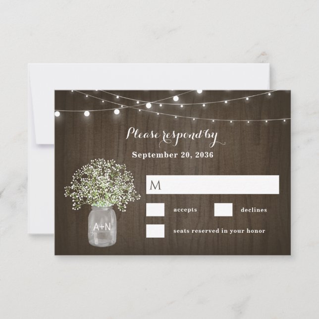 Babys Breath Mason Jar Rustic Fairy Lights Wedding RSVP Card (Front)