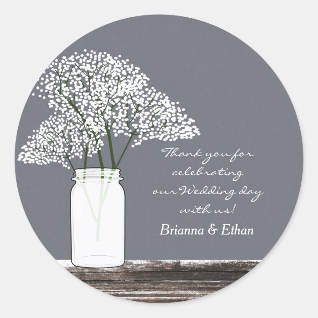 Baby's Breath Mason Jar Rustic Grey Stickers (Front)