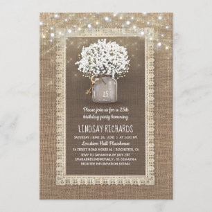 Baby's Breath Mason Jar Rustic Lace Birthday Party Invitation