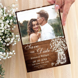 Baby's Breath Mason Jar Rustic Photo Wedding Save The Date