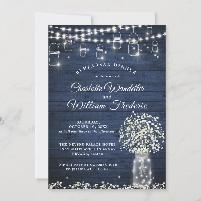 Baby's Breath Mason Jar Rustic Rehearsal Dinner Invitation (Front)