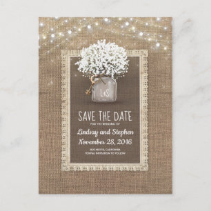 Baby's Breath Mason Jar Rustic Save the Date Announcement Postcard