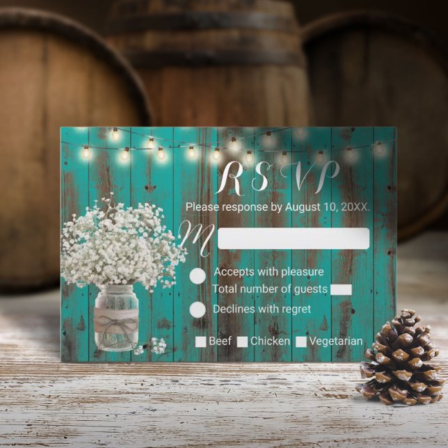 Baby's Breath Mason Jar Rustic Teal Barn Wood RSVP (Creator Uploaded)