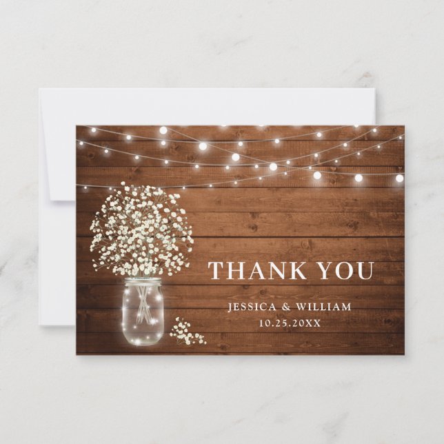 Baby's Breath Mason Jar Rustic Watercolor Thank You Card (Front)