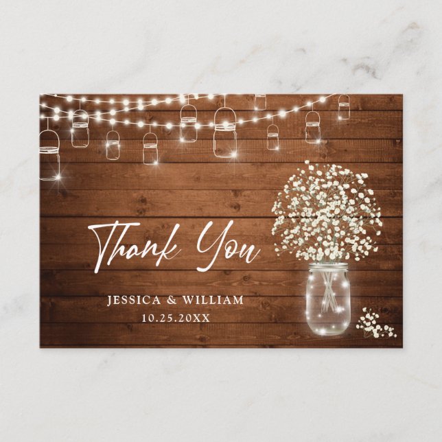 Baby's Breath Mason Jar Rustic Watercolor Thank You Card (Front)