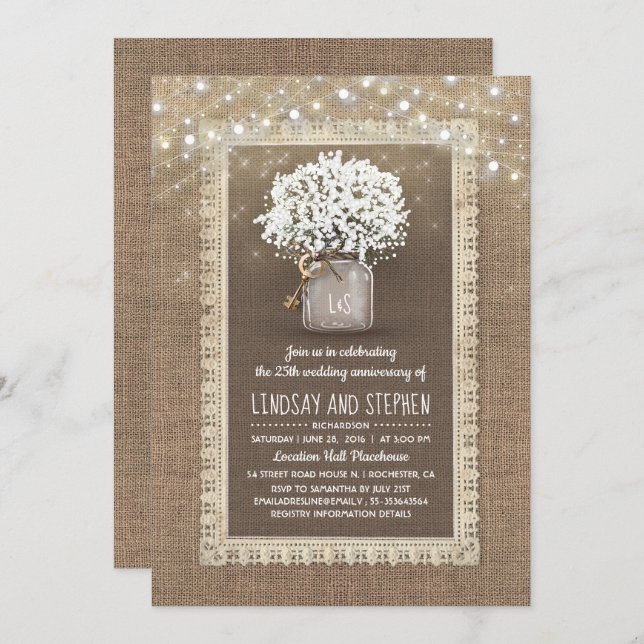 Baby's Breath Mason Jar Rustic Wedding Anniversary Invitation (Front/Back)