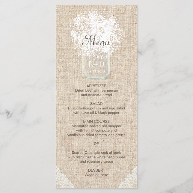 Baby's Breath Mason Jar Rustic Wedding Menu (Front)