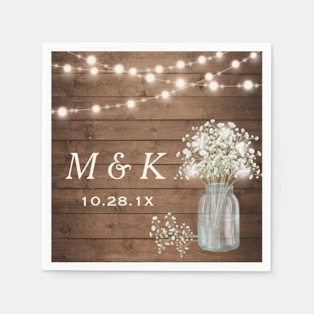 Baby's Breath Mason Jar Rustic Wedding Monogram Napkin (Front)